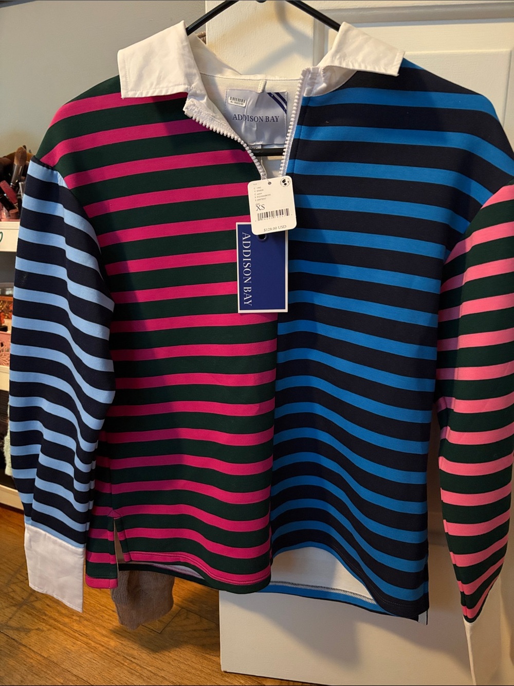 Addison Bay Women’s Striped Zip-Up Rugby Jersey — Navy, Blue, Pink, Raspberry
